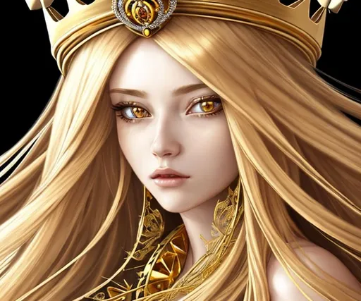 Prompt: Woman, long gold hair, hyperdetailed crown, hyper detailed, hyper realistic