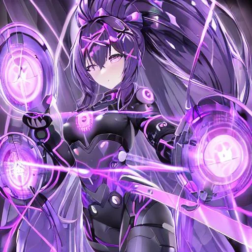 Prompt: techno girl with x ray and purple shining eyes and black magic orbe