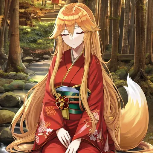 Prompt: female, mage, fox girl, long flowing hair, gold hair, shiny hair,  forest background, detailed hands, kimono, serene face, beautiful, armor, normal ears, closed eyes, sleepy