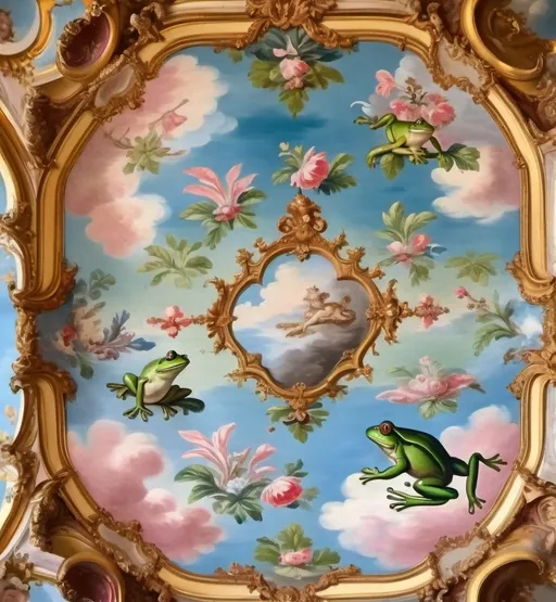 Prompt: A large rococo style ceiling fresco but all the people are frogs. The realistic frogs are dressed in flowing fabrics and some have angel wings. The frogs are green. The frogs have ancient Greek clothes. The frogs are small and there are many of them.  The frogs talk amongst themselves, play music, look at other frogs on the other side of the painting. It has beautiful blue and pink hues that make it feel dreamy and warm. The sky is blue the clouds are pink. The camera is pointing straight up at the ceiling with the fresco taking up the space in the photo 