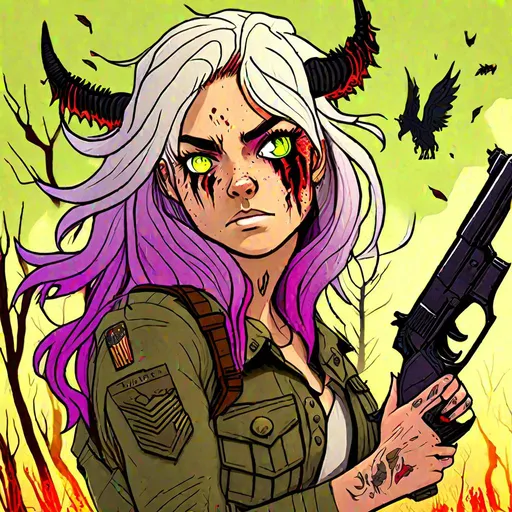Prompt: Haley  as a demon (multi-color hair) (multi-color eyes)(she has horse ears), in a gunfight, bullets flying, in the woods, in combat, shooting a gun