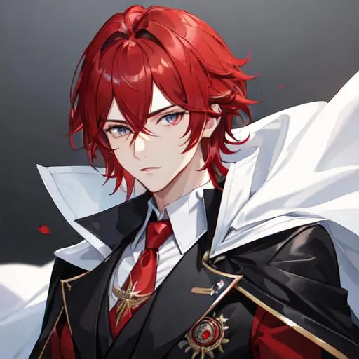 Prompt: Zerif 1male (Red side-swept hair covering his right eye) wearing a black royal suit, white cape, 