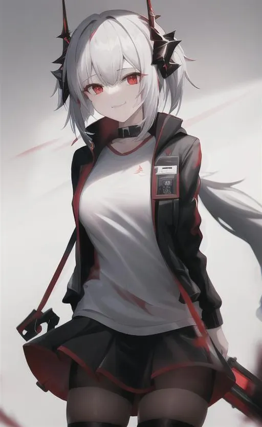 Prompt: w, arknights, white bob hair, red scorpion horns, white t-shirt, black-red short jacket, black-red mini skirt, black stockings, red-black sneakers, devil tail, machine gun, grenade gun, smile
