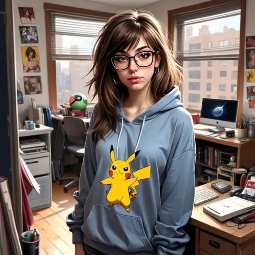 Prompt: Realistic digital painting:
A messy room in an apartment.
Age:18 Girl with a shy cute and beautiful features, pronounced cleavage
Casual Geek:

Shoulder-length, straight brown hair with blunt bangs.
Wears thick, square-framed glasses, a Pokemon necklace, and mismatched earrings featuring pop-culture icons.
Dresses in a baggy graphic hoodie over shorts, knee-high striped socks, and colorful sneakers.