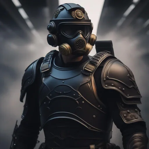 Prompt: A modern roman military male in black military roman armor and shield scutum, and gas mask, background sci fi war, Hyperrealistic, sharp focus, Professional, UHD, HDR, 8K, Render, electronic, dramatic, vivid, pressure, stress, nervous vibe, loud, tension, traumatic, dark, cataclysmic, violent, fighting, Epic