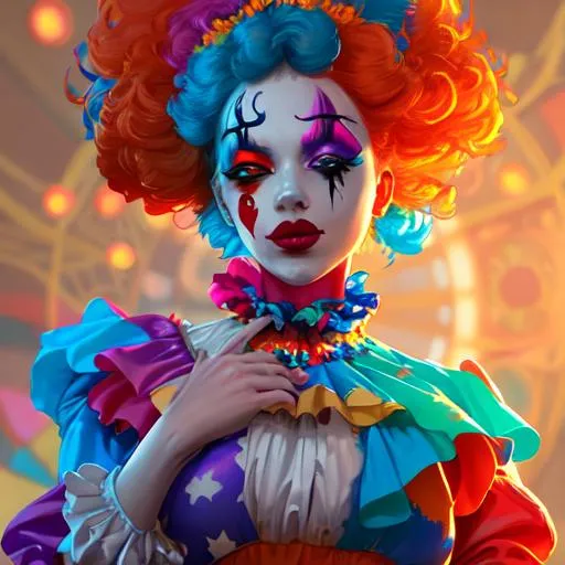 Prompt: A beautiful woman in a colorful clown outfit. Clown makeup on face. Circus background. 8k resolution concept art by Greg Rutkowski dynamic lighting hyperdetailed intricately detailed Splash art trending on Artstation triadic colors Unreal Engine 5 volumetric lighting Alphonse Mucha WLOP Jordan Grimmer orange and teal