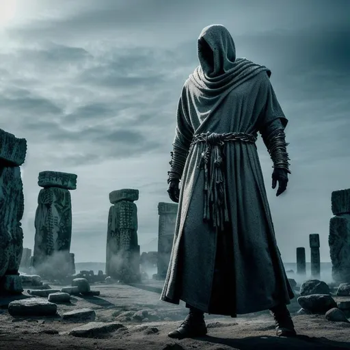 Prompt: robed ghost-like Wraith in chains, highly detailed, 4k, realistic, stonehenge-like ruins.
