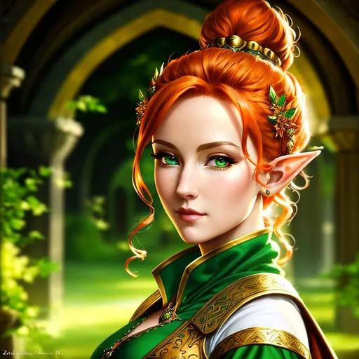 Prompt: oil painting, fantasy,  UHD, hd , 8k, , hyper realism, Very detailed, zoomed out view of character, panned out view, full character visible,  elf female artist, she has curly orange hair in a bun, she has green eyes, she is wearing medieval attire