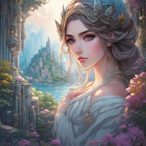 Prompt: Greek Mythology, DnD concept art, robes, half body portrait, detailed face, detailed vibrant eyes, full eyelashes, ultra detailed accessories, magic, city market background, dnd, artwork, fantasy,inspired by D&D, concept art, ((looking away from viewer)), ((Art inspired by studio ghibli))