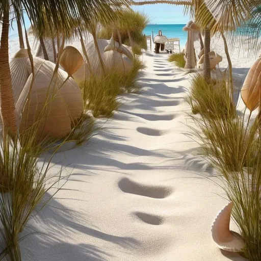 Prompt: Beach-Inspired Walkway: A pathway designed with natural materials like sand-colored carpets will lead guests towards the luxurious beach party area. This walkway could be lined with seashells. Also, this might have tall banners with soft wave designs that make the place feel calm and relaxing.