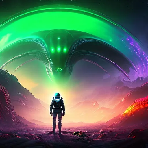 Prompt: Alien Hitler, widescreen ratio 16:9, 8k, front, full body, Epic action pose, epic Instagram, solar, psychedelic, fog, dusk, Twilight, hyperdetailed, intricately detailed, hyper-realistic, fantastical, intricate detail, WIDESCREEN, complementary colors, concept art, masterpiece, NEON oil painting, heavy strokes, splash arts, Wide Angle, Perspective, Double-Exposure, Light, NEON BLACK Background, Ultra-HD, Super-Resolution, Massive Scale, Perfectionism, Soft Lighting, Ray Tracing Global Illumination, Translucidluminescence, Crystalline, Lumen Reflections, in a symbolic and meaningful style, symmetrical, high quality, high detail, masterpiece, intricate facial detail, intricate quality, intricate eye detail, highly detailed, highly detailed face, Very detailed, high resolution