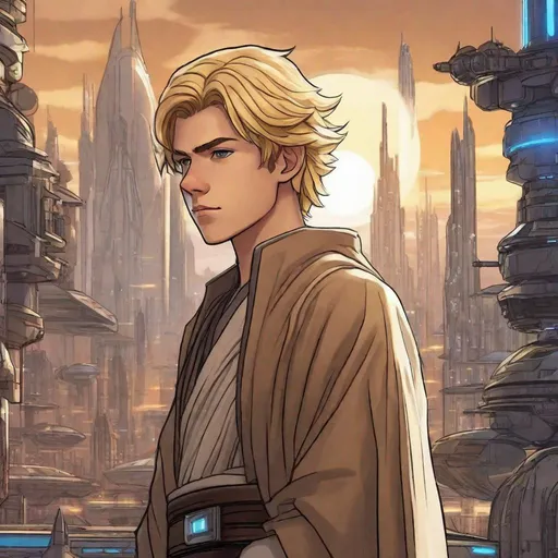 Prompt: A 16 years old male jedi knight. Blonde hairs. In background a scifi city. Anime. Star wars art. Star wars. 2d. 2d art. Well draw face. Detailed. Dynamic pose. 