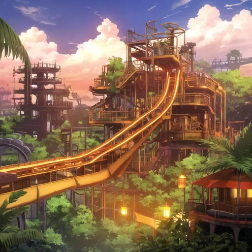 Prompt: Steampunk, Green and Orange Rollar Coaster, Jungle, Evening, orange sky, clouds