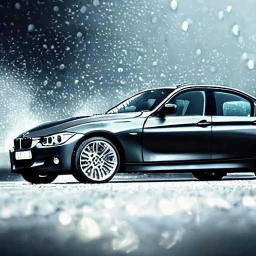 Prompt: BMW 328i in the rain, black, hd city backdrop, LED lights
