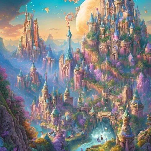 Prompt: breathtaking and fantastical kingdom inspired by Disney princesses. Create a sprawling landscape with grand castles, vibrant gardens, and whimsical elements. Incorporate iconic symbols and imagery associated with each princess to evoke a sense of wonder
