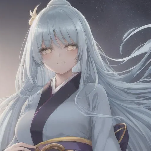 Prompt: Beautiful girl with long light blue hair. She has light yellow eyes smiling cutely. Wearing a dark blue kimono. At night. Her eyes glow. 