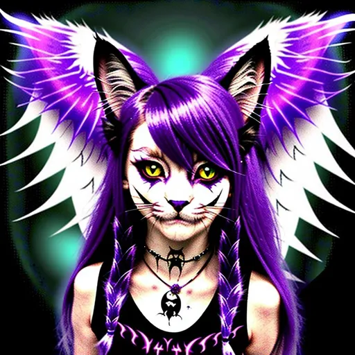 Prompt: Half demon, half wolf cat thingy hair made from fairydust eyes glow in the dark 12 inch scar arcrossed face because bullied, nerd, pretty clothing because princesse, half fairy fancy neckless from mom thats dead and bruses from dad I have angel wings I wEAR maKeup and  My tail is the a fluffy demon tail