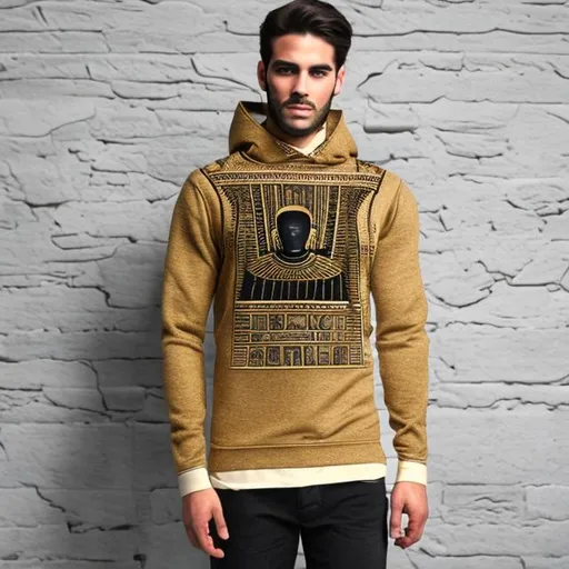 Prompt: Men's winter (black) wool sweatshirt inspired by the ancient Pharaonic civilization and written on it in golden color in the ancient Egyptian language I am Egyptian