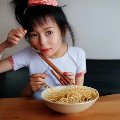 Prompt: Asian girl eating noodles 