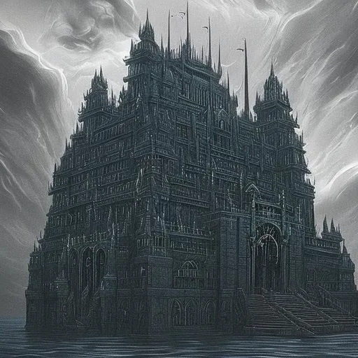 Prompt: The dark palace of God lies at the deepest depths of the ocean. It shimmers beautifully, but this exterior hides the malice within.