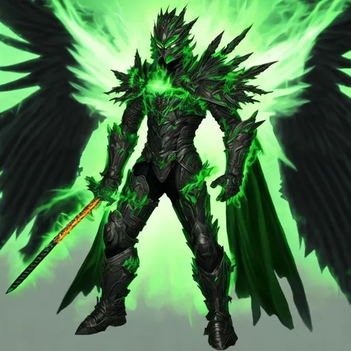 Prompt: Green armored man with flaming wings and a sword 
