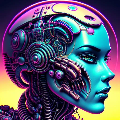 Prompt: RETRO, NEO SURREAL, ALTERED STATE,  VERY DETAILED AND INTRICATE, low brow, by chet czar, Android Jones and beeple, trending on artstation, 8k, 3d, VRAY, HD, synthwave style, amazing, biomechanical cyborg giant, futuristic, artificial intelligence, singularity, futurism, digital, binary, alluring, sleek