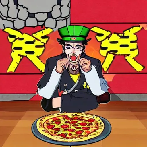 Prompt: Jotaro kujo eating pizza at freddy fazbears pizza