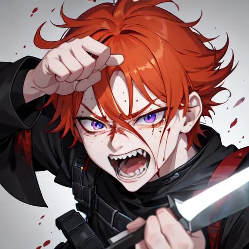 Prompt: Erikku male adult (short ginger hair, freckles, right eye blue left eye purple) UHD, 8K, Highly detailed, insane detail, best quality, high quality, covered in blood, covering his face with his hand, wide eyes, insane, fear, threatening, laughing, angry, fighting, psychopathic, anime style, pointing a knife at the viewer