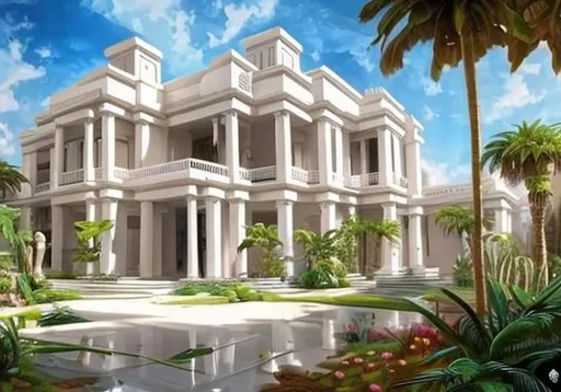 Prompt: White futuristic mansion in neo ancient Egypt style with lot of plants  oil paint 