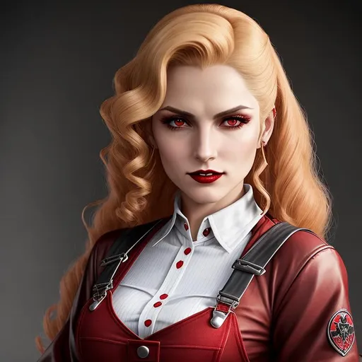 Prompt: Female vampire inspired by Alucard from Hellsing, Clan Gangrel, her fingertips end in claws, 1950's riveter, wearing overalls and work clothes, ({short curly blonde hair} with red highlights), she is wearing a bandana, she is looking down at the viewer, vampire the masquerade, detailed symmetrical face, attractive face, full body picture, vicious grin showing slightly pointy teeth, side eye, cyberpunk night time style background, well lit by street lights, vampire, 