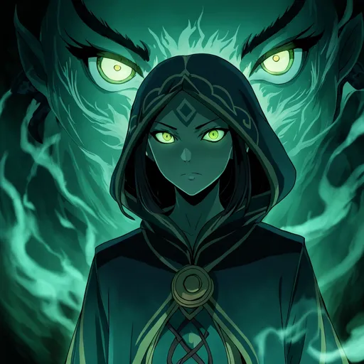 Prompt: Avatar the last airbender, ATLA, an older woman shrouded in shadows. spooky, horror, demon, glowing eyes