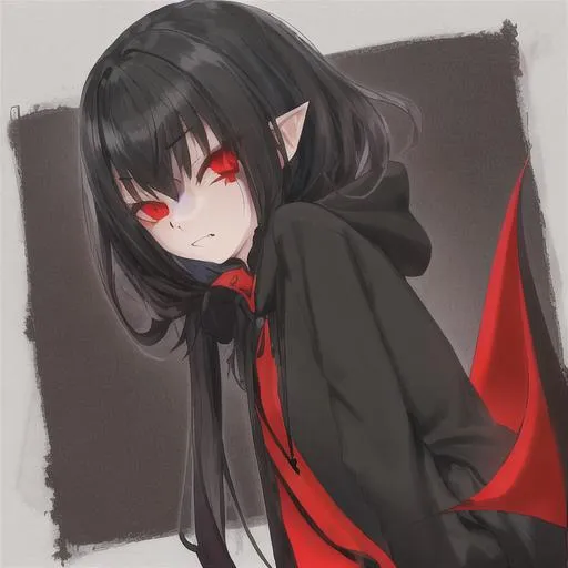Prompt: shy vampire girl with black hoodie and black hair and red eyes