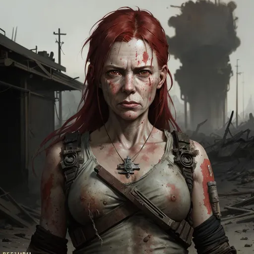 Prompt: Full portrait, post apocalyptic, female, age 50, red loose hair, dirty face, serious expression, highly detailed, digital painting, artstation, concept art, smooth, sharp focus, illustration, art by Krenz Cushart and Artem Demura and Alphonse Mucha