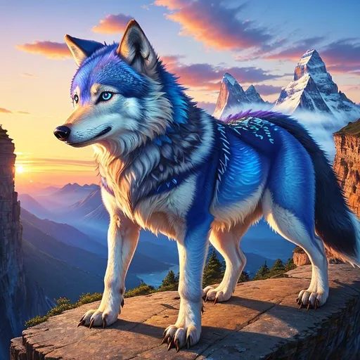 Prompt: (masterpiece, professional illustration, epic digital art, best quality:1.5), insanely beautiful wolf pup with luminous blue eyes, howling, golden sunrise, cliffside, blue eyes, bushy tail, mountains, UHD, sharp, very detailed, detailed fur, full body focus, beautifully detailed background, cinematic, Yuino Chiri, Kentaro Miura, 64K, UHD, intricate detail, high quality, high detail, masterpiece, intricate facial detail, high quality, detailed face, intricate quality, intricate eye detail, highly detailed, high resolution scan, intricate detailed, highly detailed face, very detailed, high resolution