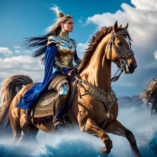 Prompt: Behold a stunning portrayal in art, where ""a warrior princess"" riding a horse. Her flowing, braided hair shimmers in a captivating blend of gold and silver, complemented by her mesmerizing blue eyes. Clad in armor adorned with precious gemstones, she emanates both power and elegance. Brandishing a sword, her poise and grace are unmistakable. Atop a magnificent white horse, she effortlessly commands the scene with her regal aura.

