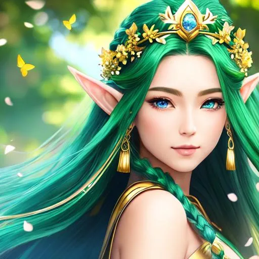 Prompt: Beautiful elf, long hair, green hair, braided, female, Asian-Japanese, blue eyes, windy, emerald crown, gold crown, flower crown, bright sky, sunny sky, clear sky, blue sky, bright sun, birds, butterflies, flower petals falling, 4K, 16K, highly realistic, extremely detailed, photo realistic, photo quality