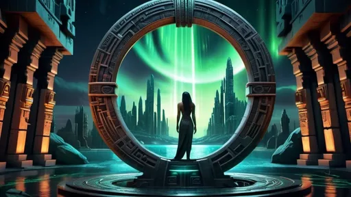 Prompt: magical portal between cities realms worlds kingdoms, circular portal, ring standing on edge, upright ring, freestanding ring, hieroglyphs on ring, complete ring, ancient aztec architecture, atlantis city plaza setting, aurora borealis, panoramic view, dark night, futuristic cyberpunk tech-noir setting