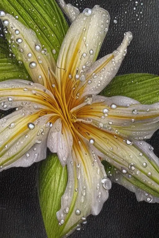 Prompt:  Insanely detailed hyperrealistic close-up portrait painting of a beautiful Lily flower with dew drops in natural state; Appearance: Majestic petals with intricate veins, delicate pistils, shimmering dew drops, and soft leaves; Genres: Realism, Nature; Styles: Hyperrealism, photorealism;