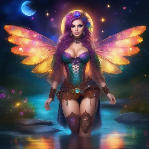 Prompt: Wide angle.  Whole body showing.  Anatomically correct hands.  Stunning beautiful, buxom woman with broad hips and incredible  bright eyes, standing next to a stream on a breathtaking, colorful starry  night. Wearing a colorful, translucent, sparkling, dangling, skimpy, gossamer, sheer, flowing, steam-punk style, Witch style,  fairy  outfit with distinct wings. With  winged fae flying about.