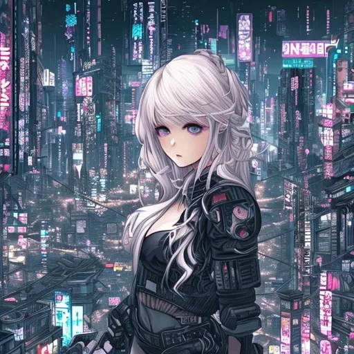 Prompt: Manga, black and white, pretty blonde girl, overlooking a cyberpunk mega city, high detail, phone wallpaper format