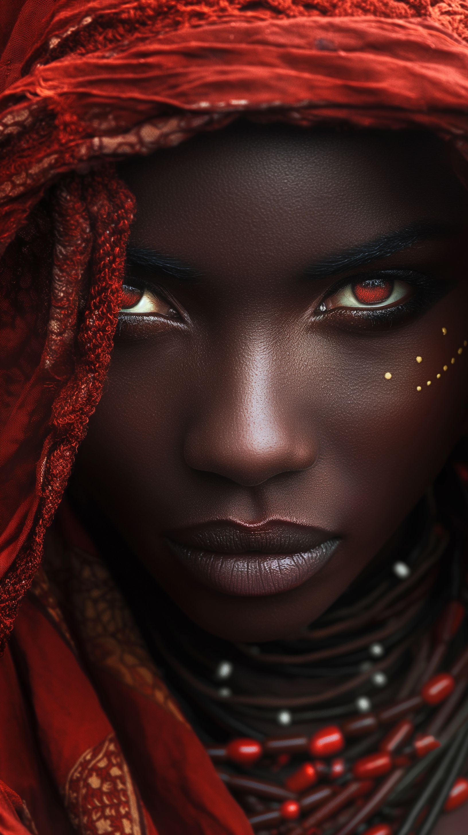 Prompt: attractive dark skin warrior women, tribe from africa, red cloth clothing with beads, peircing eyes, national geographic cover, styled after afgan girl - serious and somber look with a stone cold stare directly at focal point, realistic living with dirt, beauty and conflict --ar 9:16 --v 6.0