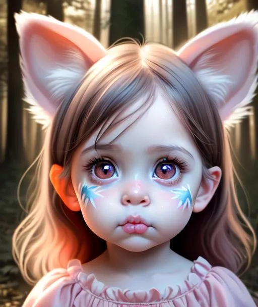 Prompt: chiaroscuro, Victorious close-up face shot painting of a beautiful toddler girl with wolf ears, cute and adorable, big round eyes, big dreamy eyes, cute eyes, perfect eyes, beautiful eyes, pouting, puppy eyes, 8k resolution concept art, trending on artstation, trending on deviantart, pale skin, Forest setting, wearing an adorable fluffy pink dress, beautifully detailed and intricate clothing, beautifully detailed and intricate hair, beautifully detailed and intricate face, posing, dark colors,  hyperdetailed, intricately detailed, insanely detailed, beautiful eyes, beautiful face, Greg Rutkowski, Odd Nerdrum, Karol Bak, Fursona, kemono, kemonomimi