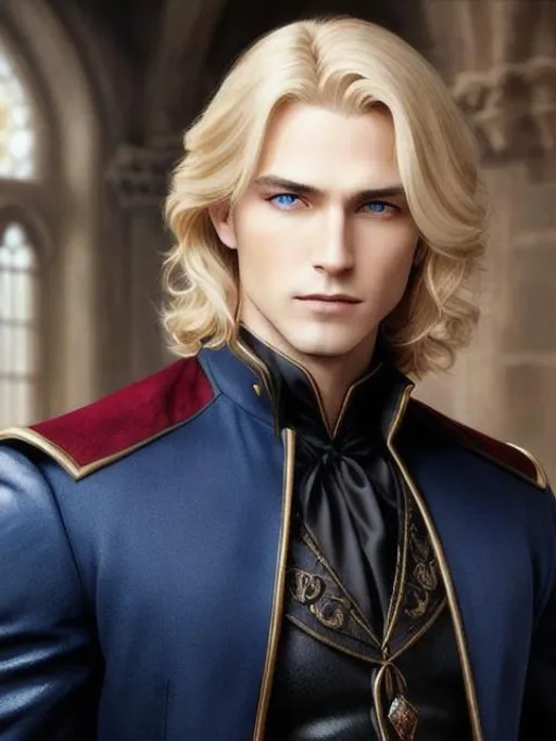 Prompt: oil painting, male character, UHD, Very detailed, blond hair, blue eyes, very fancy, vampire , castle
