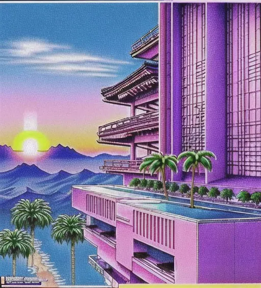 Prompt: vaporwave, aesthetics, palm tree,  mountains, tyrannosaurus rex, chibi, cool, buildings, character mascot, sunset, scan lines, retro, japan, tokyo, 80s