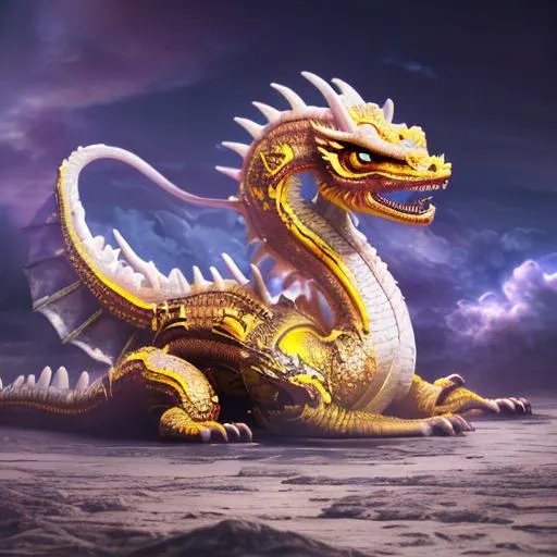 Prompt: emperor's white dragon with glowing yellow eyes and golden stripes, floating sky palace background, old chinese style, hyper realistic