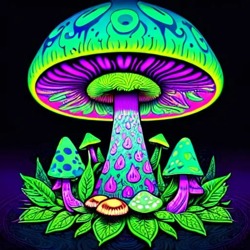 Prompt: Hypnotic illustration of POT LEAVES AND MUSHROOMS, hypnotic psychedelic art by Dan Mumford, pop surrealism, dark glow neon paint, mystical, Behance