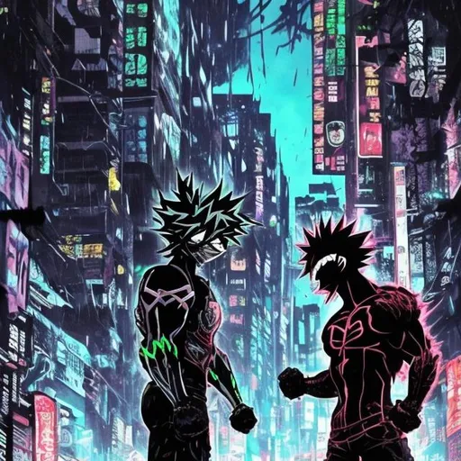 Prompt: Black and neon. Accurate muscular masked vigilante deku villain versus bakugo. Fight. Blood spatters. Very Dark image with lots of shadows. Background partially destroyed neo Tokyo. Noir anime. Gritty. Dirty