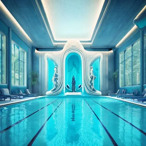 Prompt: an indoor swimming pool with a statue in the middle of the pool, hyperwave vibes, trending on pintrest, elegant asymmetrical, artemis, cascading highrise, afro - futurist style, female lawyer, rounded ceiling, winged victory, home interior, luxurious neckless, white cyan