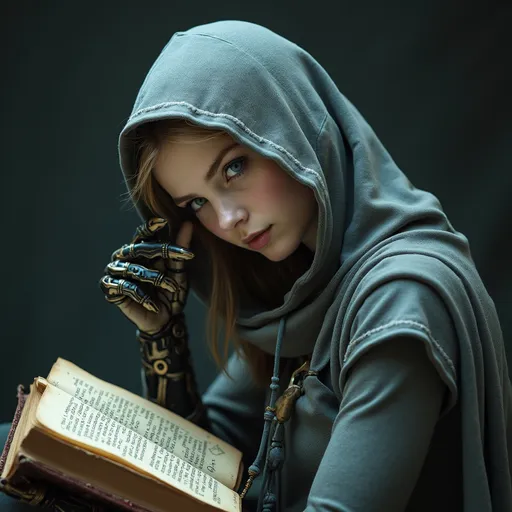 Prompt: side view, a woman in her early 20's with thin close fitting gray hood, blue eyes with (((head turned toward viewer))), reading a book, holding grimoire close to face, peeking over the top of book, grimoire, ((((occult art)))), lost grimoire, gothic fantasy art, gothic art, holy cyborg necromancer girl, beautiful necromancer girl with fanatical expression, gothic art style, priestess of the damned, dark fantasy horror art