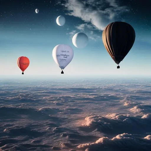 Prompt: Hyperrealistic photo of ballons flying over the moon atmosfere